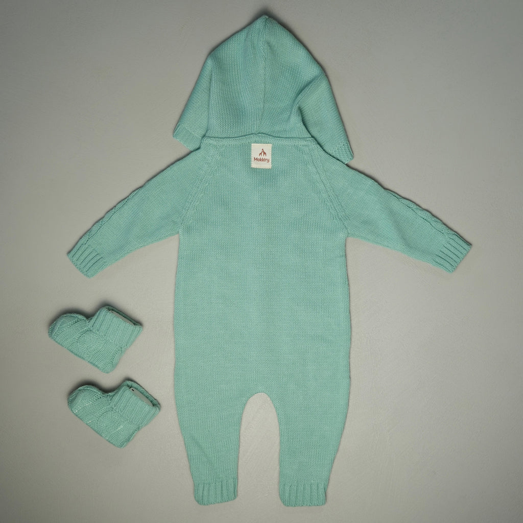 COCCOLA IN MAGLIA VERDE ACQUA CON CAPPUCCIO E BABBUCCE