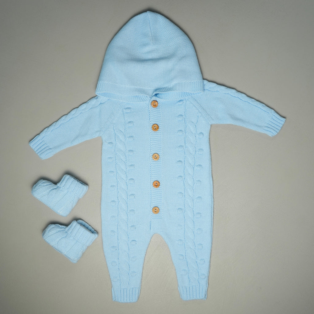 COCCOLA IN MAGLIA CON CAPPUCCIO E BABBUCCE AZZURRA