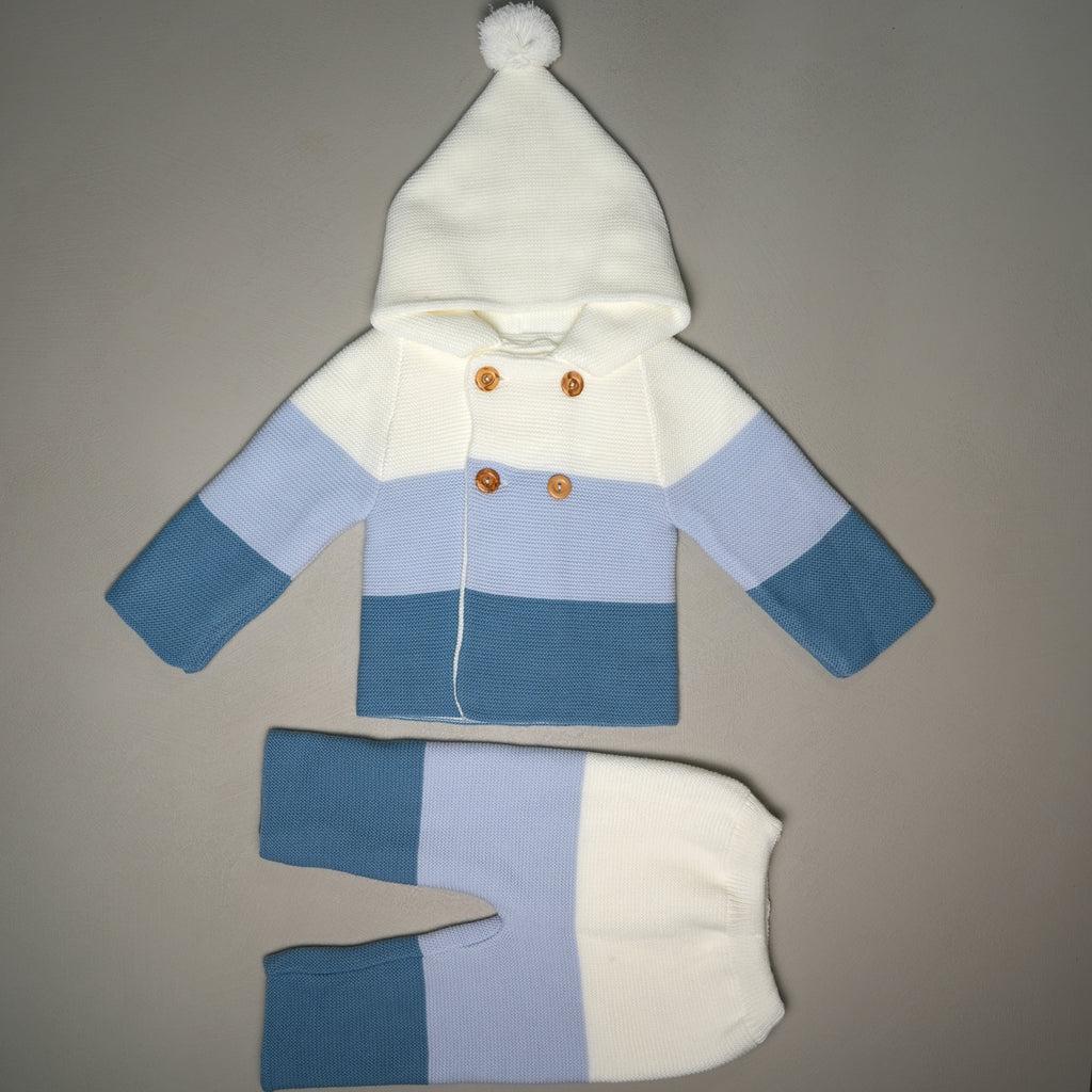 COMPLETINO ABBRACCIO IN MAGLIA AZZURRO E PANNA