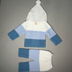 COMPLETINO ABBRACCIO IN MAGLIA AZZURRO E PANNA